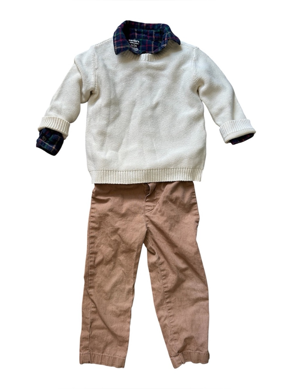 Carter's Cream Sweater with Tan Pants and Navy Plaid Shirt Set